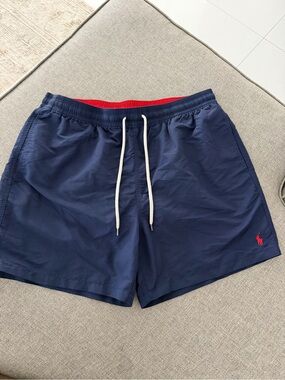 Ralph Lauren Navy Swim Trunks with Red Polo Accent